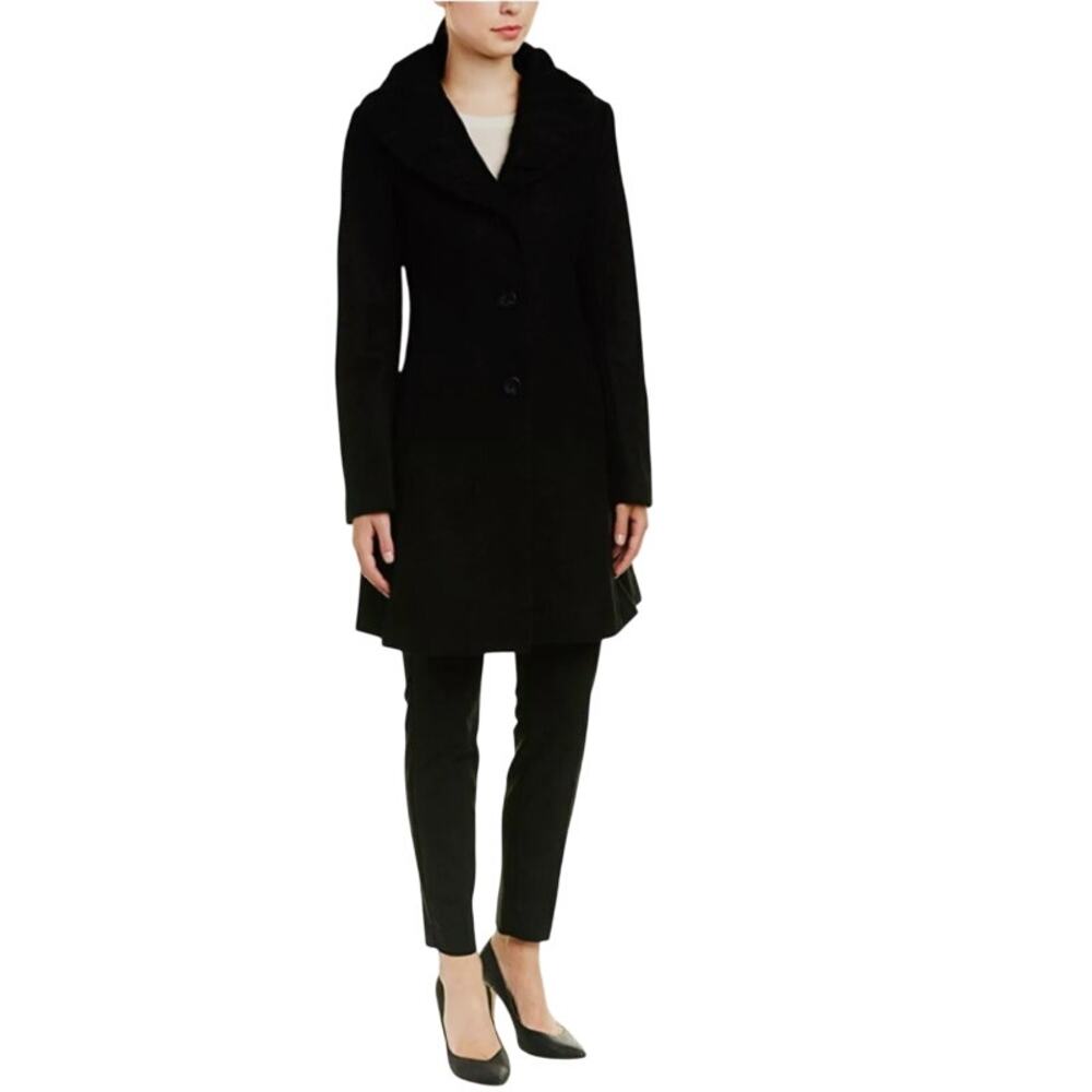 T Tahari Abigail Wool Blend Coat Button Front Wide Pleated Collar Black Womens L